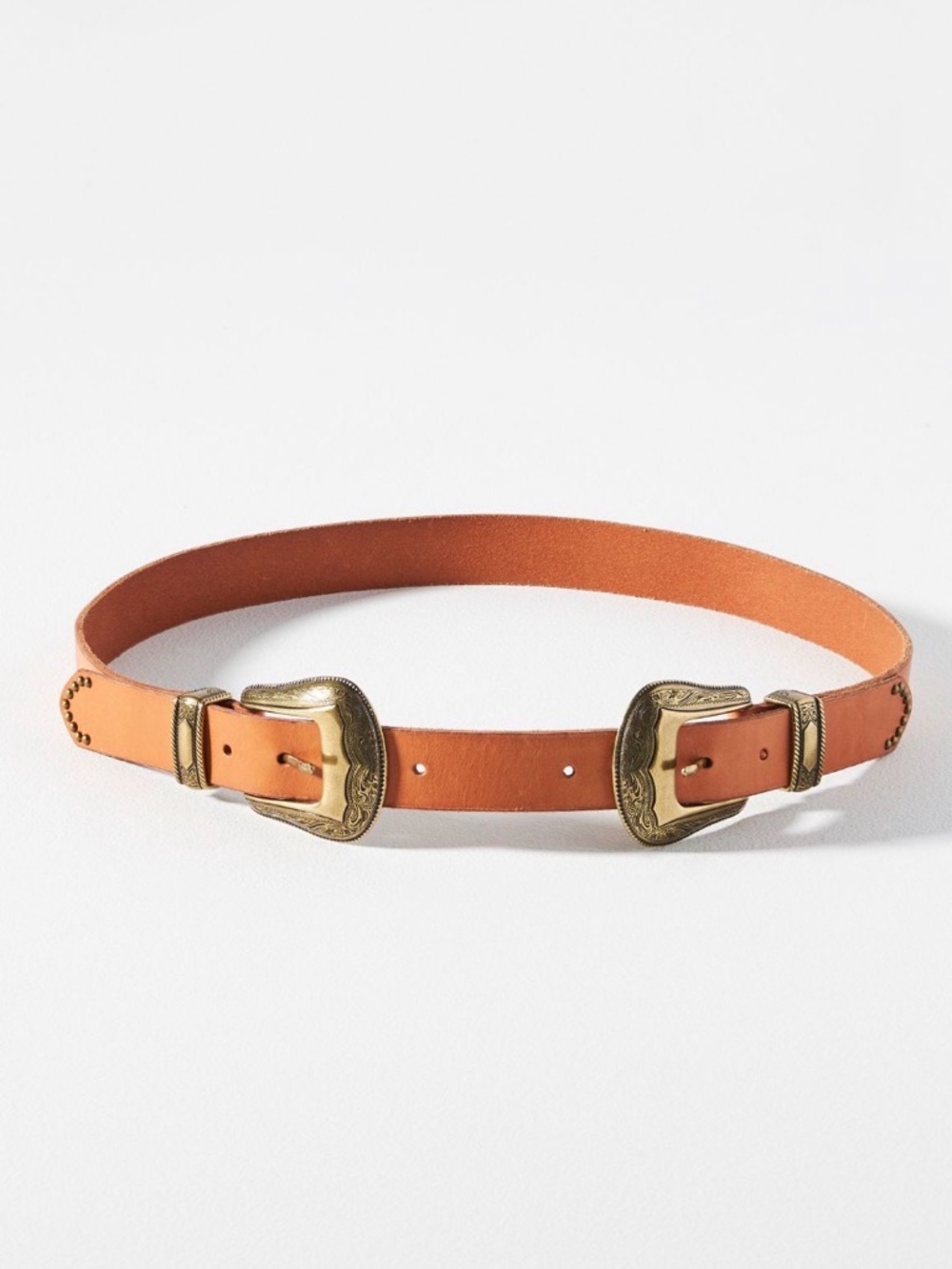 Anthropologie Tan Leather Double Buckle Western Belt with Antique-Gold Hardware